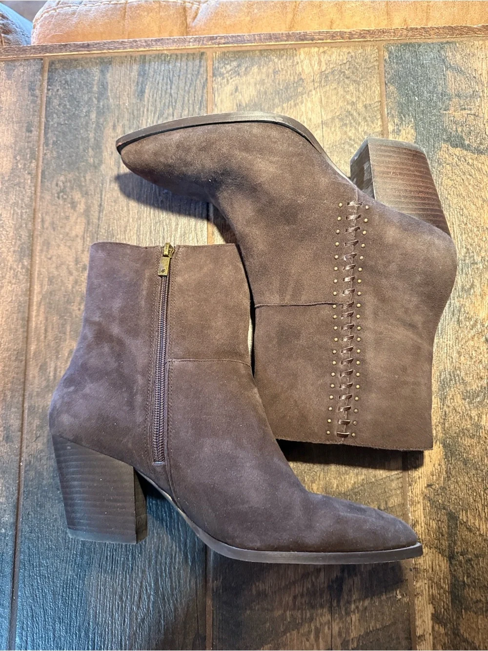 Lucky Brand Brown Suede Braided -Trim Ankle Booties